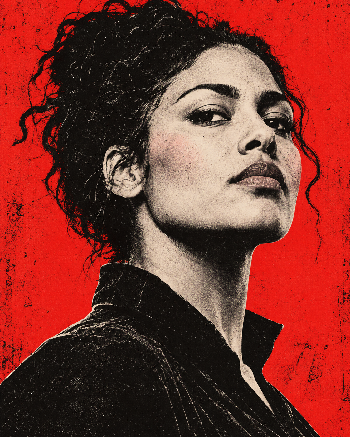 Defiant woman in a bold red and black campaign portrait